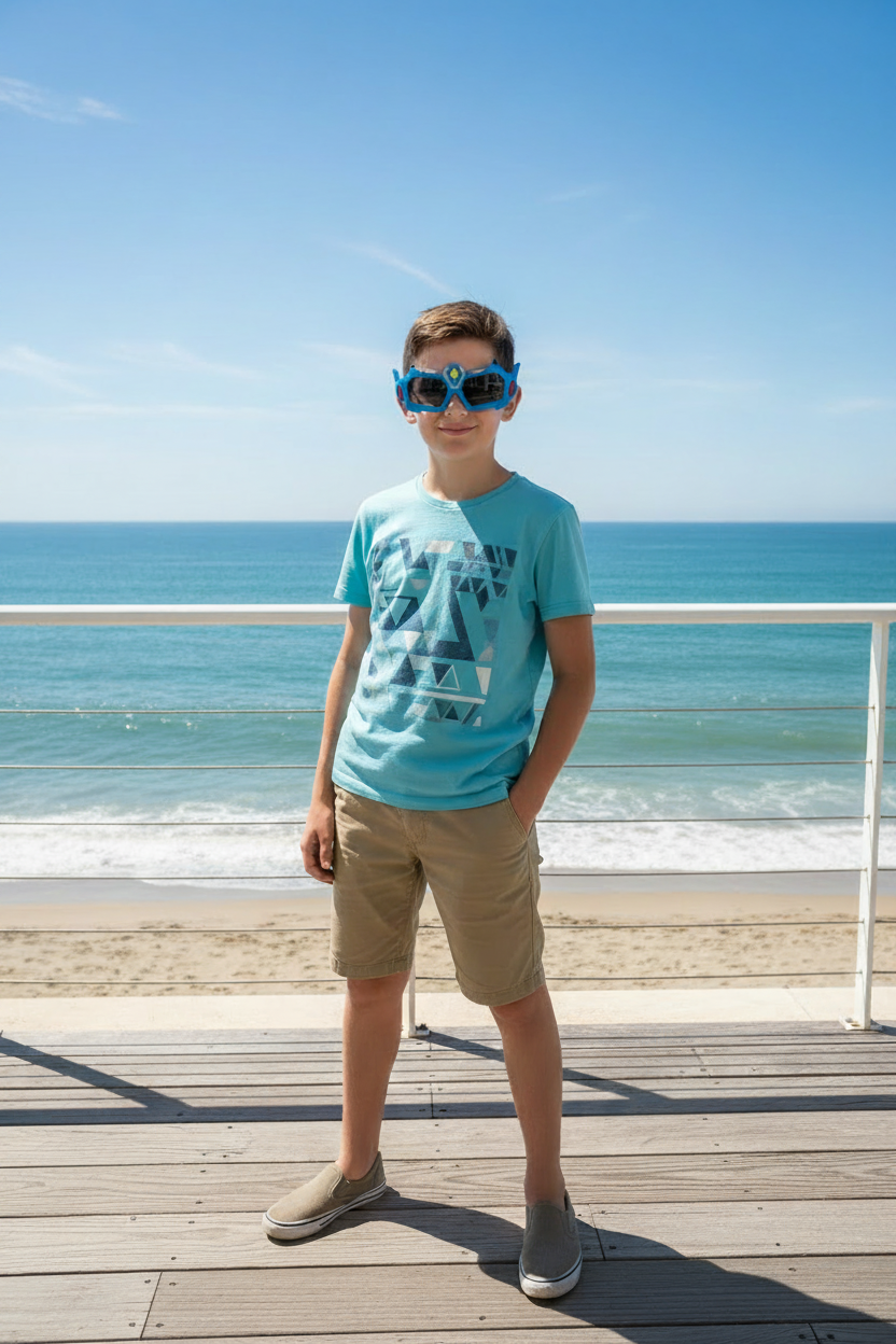 Garçon en short terrasse plage lunettes